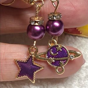 2/20 💜Cute mismatched purple and gold MOON AND STARS earrings-gold accents, fun